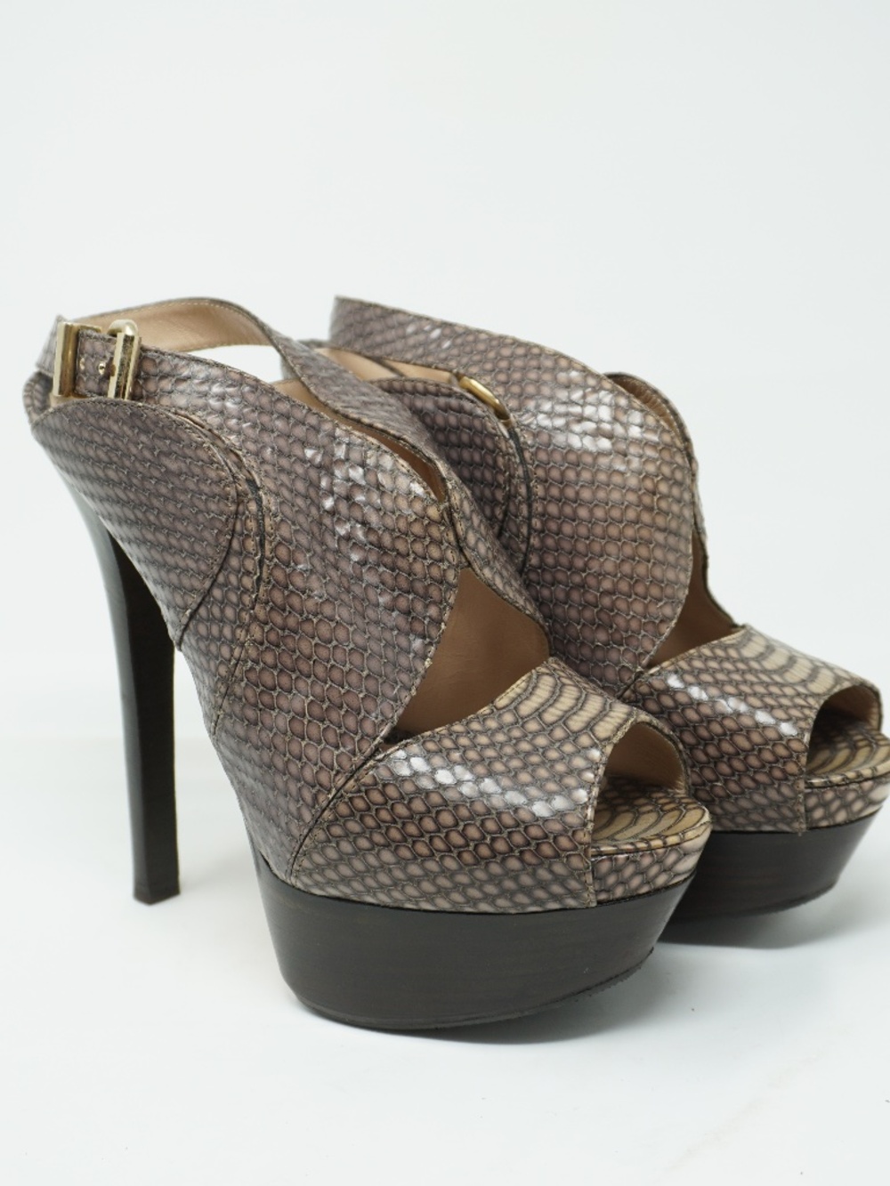 NEW Fendi Brown Python Embossed Leather Platform Slingback Sandals Size 37
